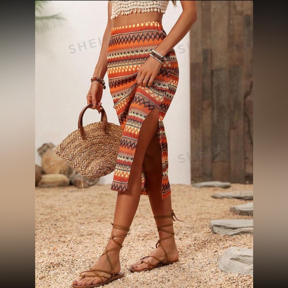 NWOT SHEIN VCAY Geometric Striped Side Slit Skirt Multicolor w/Asymmetrical Hem - Picture 5 of 14